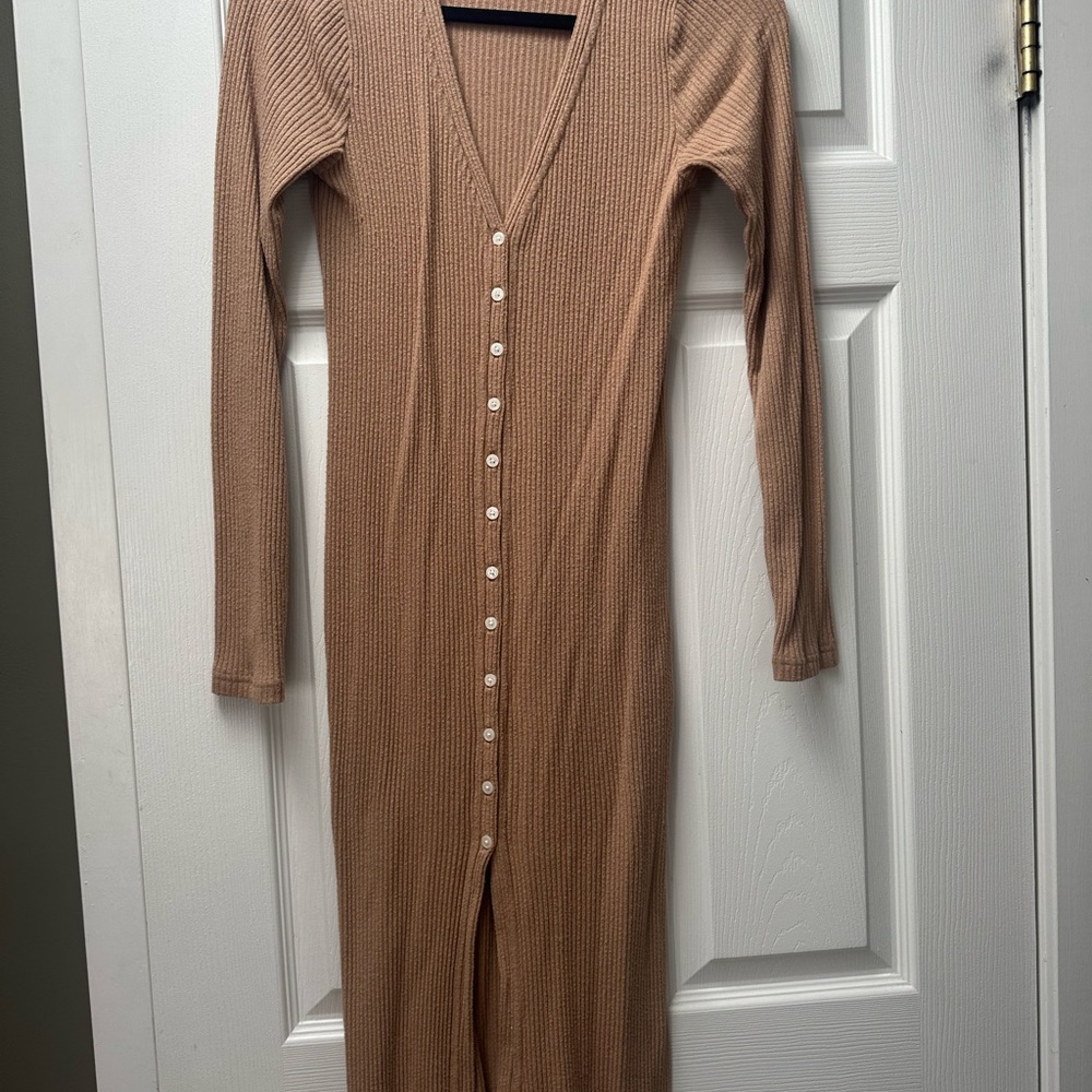 Elegant Tan Ribbed Button-Down Dress